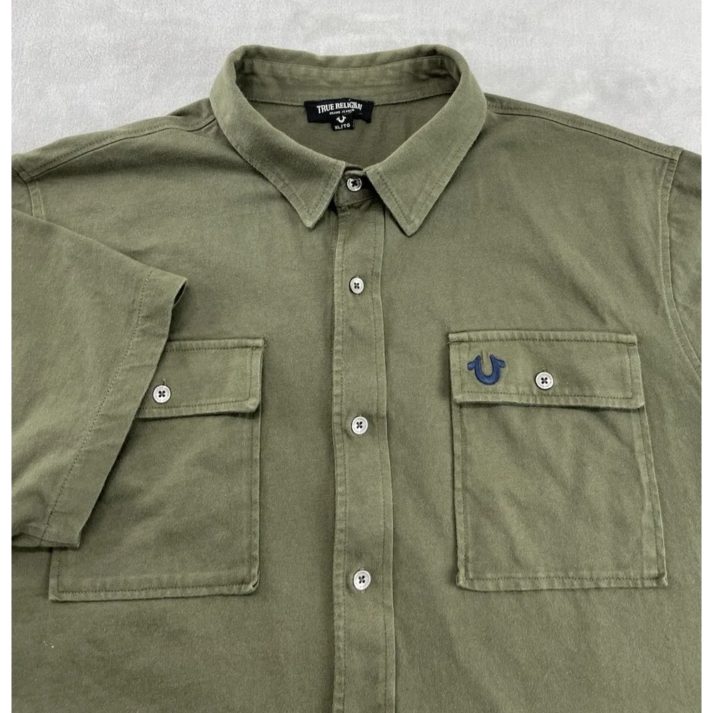 True Religion Triple Needle Knit Shirt Men XL Olive Two Chest Pocket Button Up